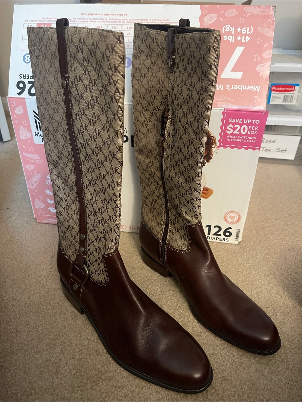 Women's Tall Riding Boots in Brown and Beige - Patterned Shaft